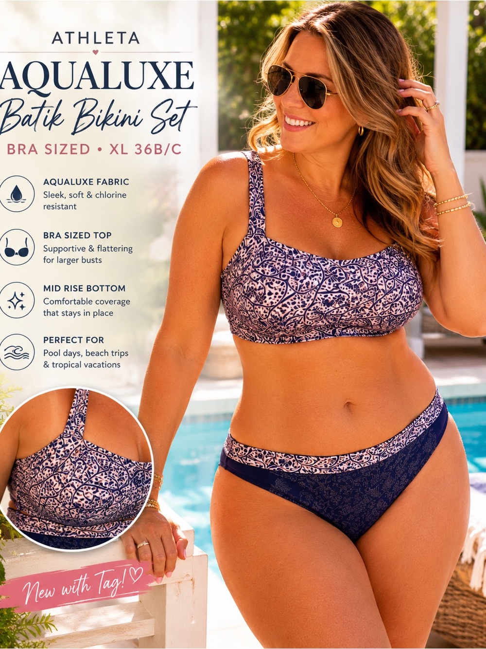 Athleta Aqualuxe Batik Bikini Set XL 36B/C Bra Sized Mid Rise NWT